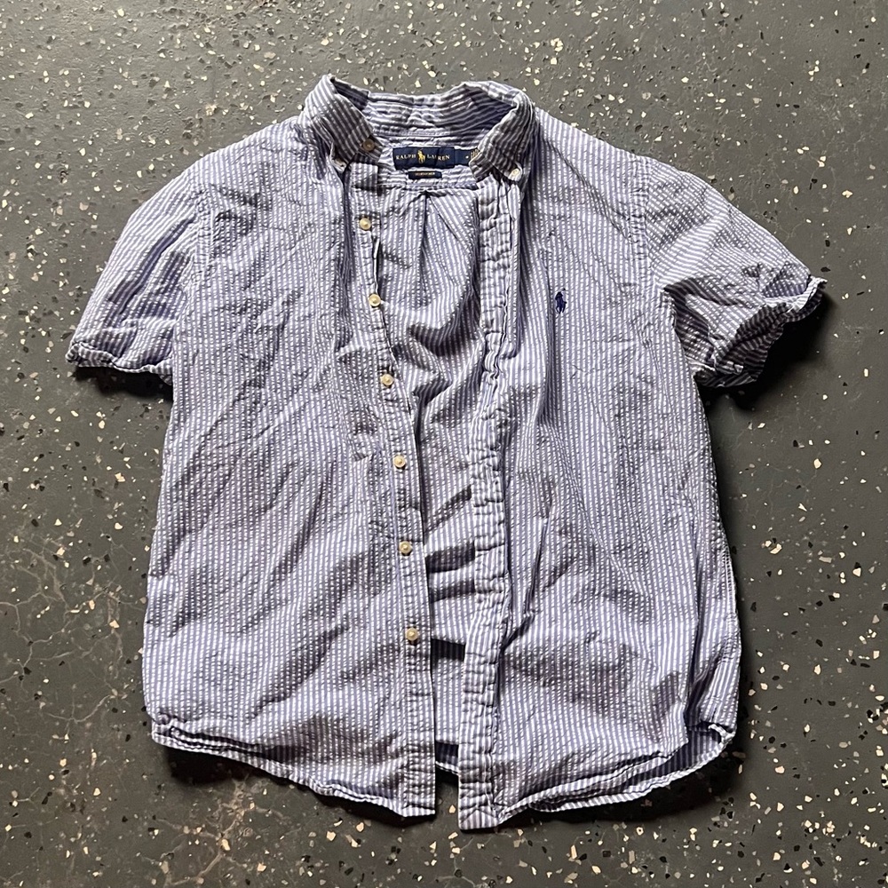 Men’s Vintage Blue and White Striped Polo Ralph Lauren Button Up Shirt